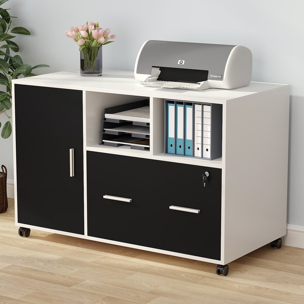 Bedroom Storage Cabinet Printer Side Cabinet Modern Lateral Mobile Filing Cabinets with Wheels Open Storage Shelves for Home White Barcley Wood File Cabinets with Lock